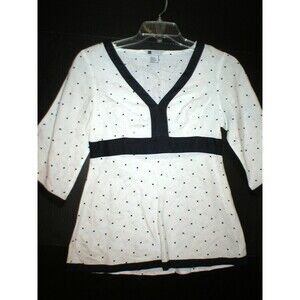 New Carole Little Small S Womens Polka Dot Top Blouse Navy Blue White Linen